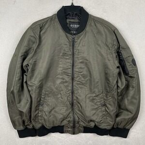 Guess Bomber Jacket Mens Medium Olive Green Full Zip Army Military